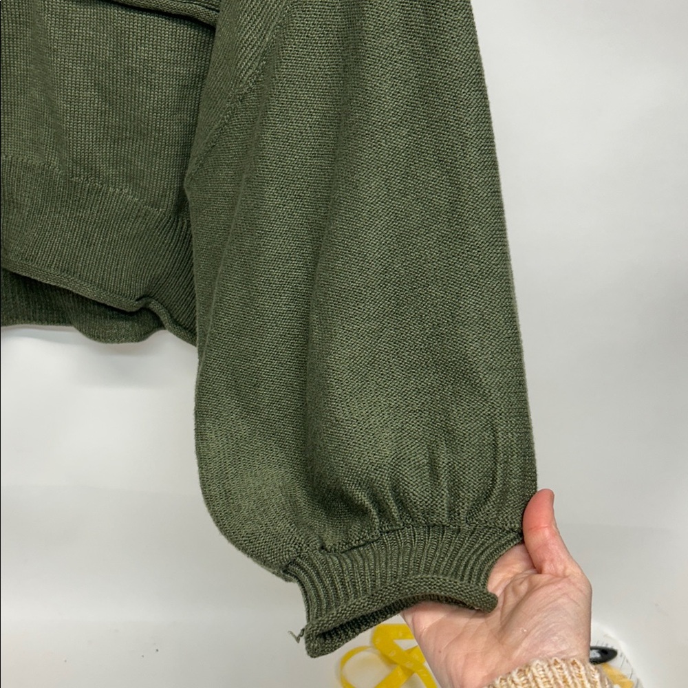 Olive Green Knit Sweater with Pocket POL SIZE small oversized 100% cotton - Picture 4 of 7